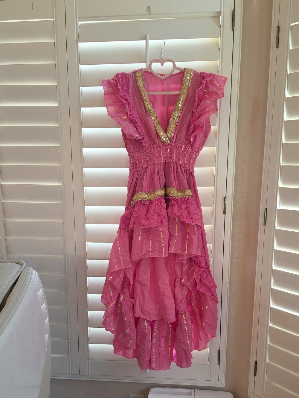 Pink Ruffled High-Low Party Dress with Gold Trim Small